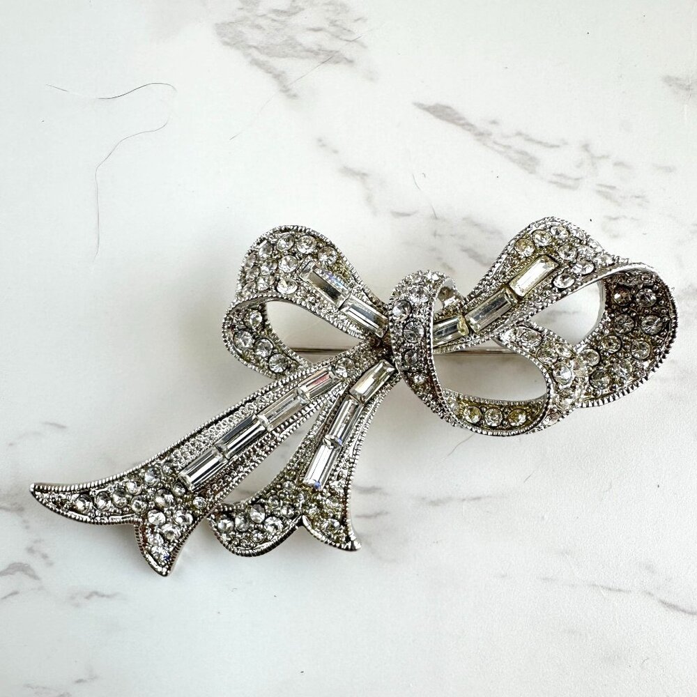 Silver Rhinestone Bow Brooch, Large Statement Pin